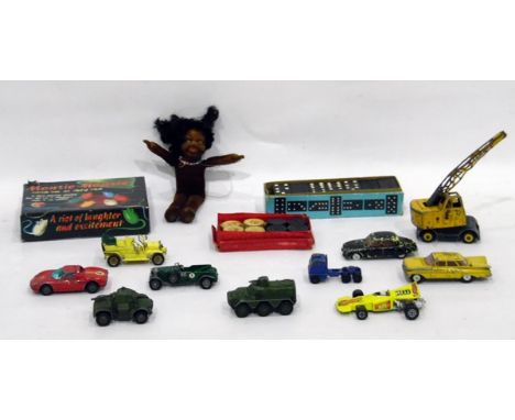 Assorted vintage games including a Chad Valley domino set and various diecast model vehicles including a Dinky armoured perso