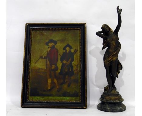 Vintage infra-red adjustable lamp with painted aluminium shade, a spelter model of a female nude, entitled 'La Fable' and a r