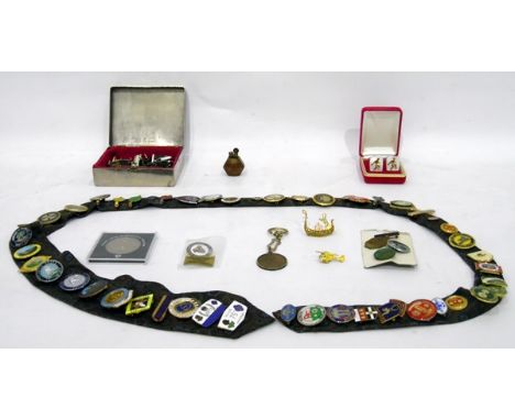 Quantity of enamel bowling badges relating to different clubs, the Francis Drake Fellowship, etc, a number of cufflinks, an o