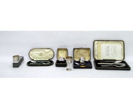 Early 20th century Mappin & Webb cased fork and spoon, Sheffield 1924, in original case, a silver-cased eggcup and spoon, two