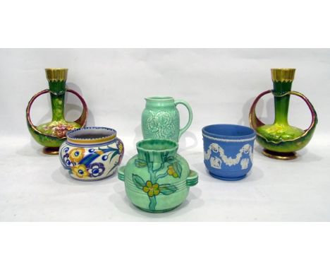 Poole pottery bowl decorated with flowers, an Art Deco two-handled vase decorated with flowers on a green ground, a Wedgwood 