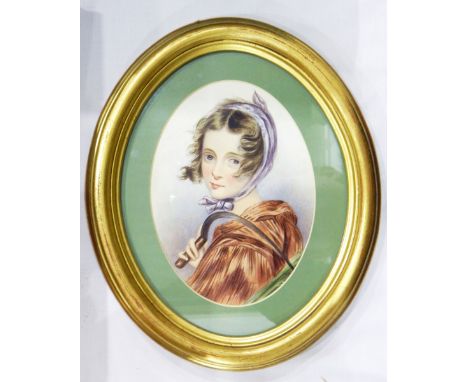 19th century school Watercolour drawingHead and shoulders portrait of a girl, oval, unsigned, 18.5cm x 14cm 