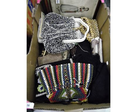 Various vintage evening bags including tapestry, lace, beaded and later bags, a black cobweb shawl, a framed fashion plate 'J