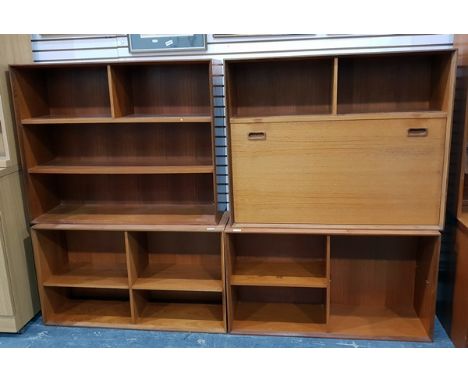 Two modern open shelf bookcases and a similar desk with open shelves below, width 91cm 