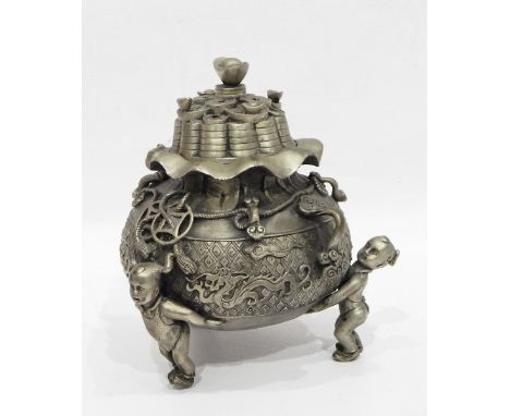 Chinese silver-coloured metal censer with pierced top and handles, decorated with dragons and three model children as the sup