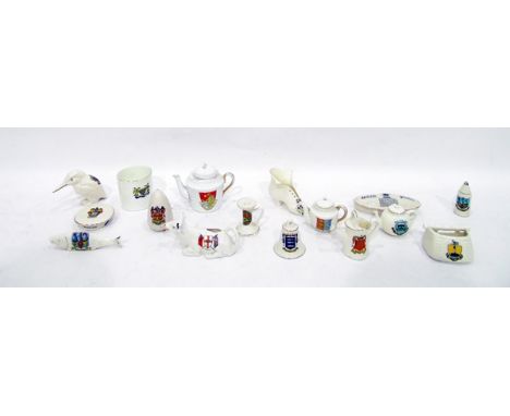 Quantity of crestedware including a Florentine china model of a kingfisher with the Arms of Reading, a hair pin box depicting