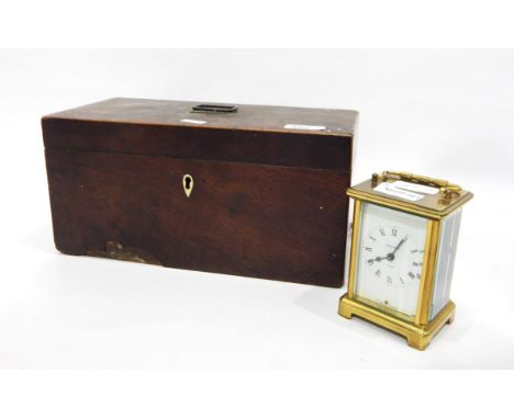 Fitted mahogany tea caddy, the central circular holder missing, the compartments hinged, brass handle, all in need of repair 
