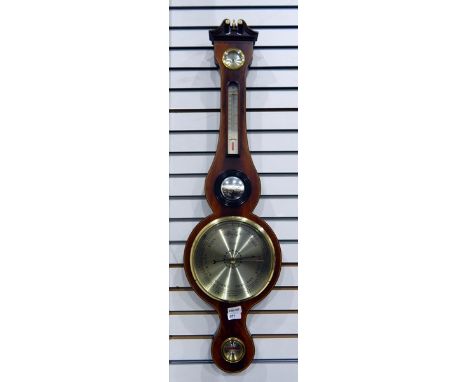 Georgian style mahogany framed wheel barometer with swan neck pediment, humidity, temperature, pressure and level dials, smal