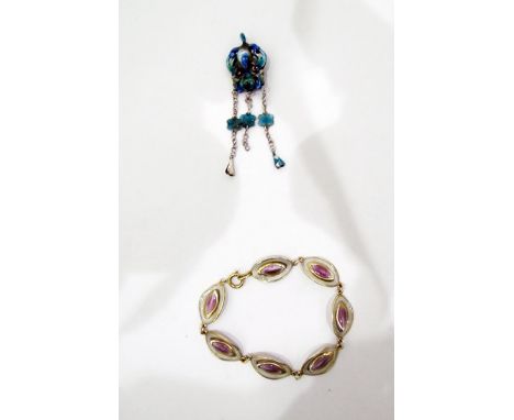 Norwegian silver and enamel bracelet, oval white and purple enamel decoration and a silver and enamel pendant, hallmarked ind