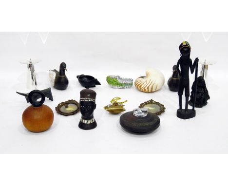 Early 20th century autograph book, a pair of modern silver plated pricket candlesticks, shells, a Ronson table lighter, beade