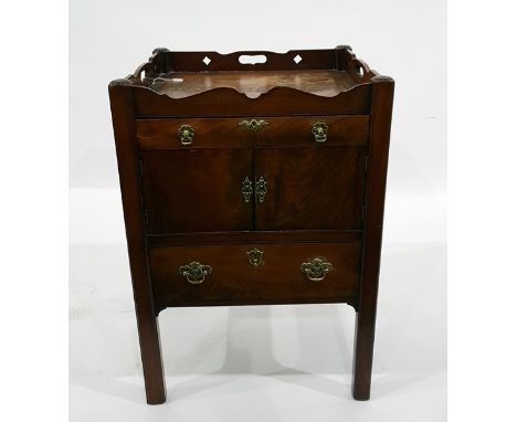 Georgian mahogany tray-top converted commode with frieze drawer, cupboard and further drawer below, on square chamfered legs,
