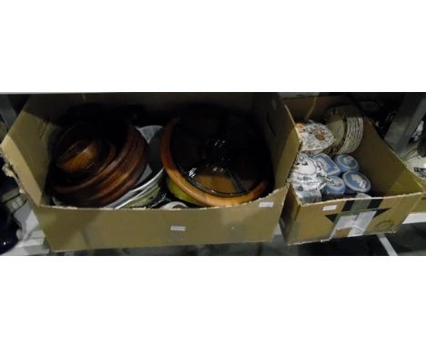 Assorted ceramics including blue jasperware trinket pots by Wedgwood, wooden glass hors d'oeuvres dish, wooden salad bowls an