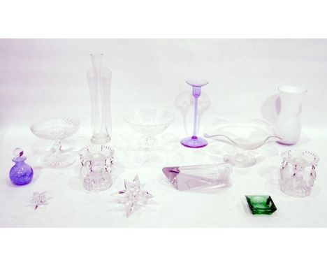 Pair of moulded glass dressing table candlesticks hung with lustres, a Venetian ruby glass candlestick with dolphin stem, var