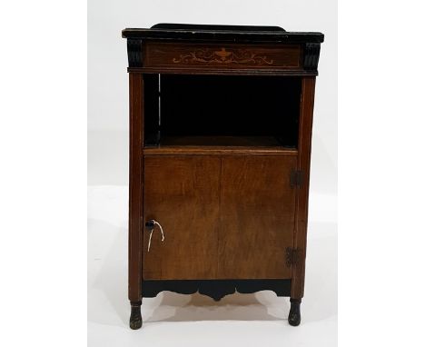 Edwardian rosewood inlaid bedside cupboard with open shelf below, on turned feet, width 38cm 