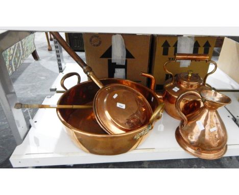 Large copper jam pan, a copper warming pan with turned wood handle, a large copper kettle, a copper pitcher, a horn-handled h