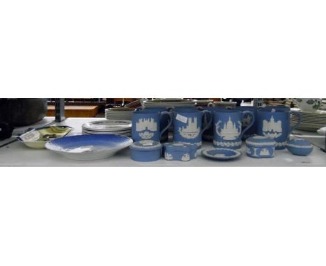 Quantity of blue jasperware Wedgwood-style tankards, decorated with abbeys and cathedrals, a quantity of Wedgwood blue jasper