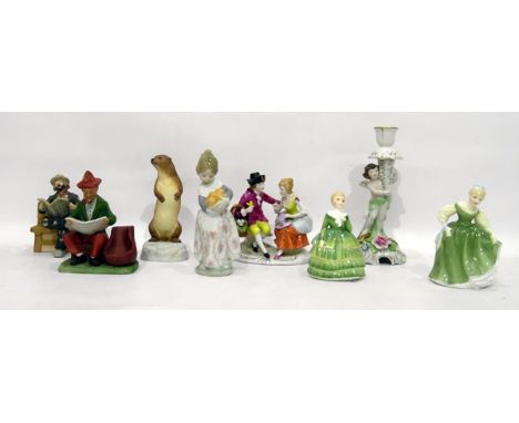 Lladro figure of a girl holding a basket of oranges, 17cm high, two Royal Doulton figures of ladies, an Aynsley model of an o