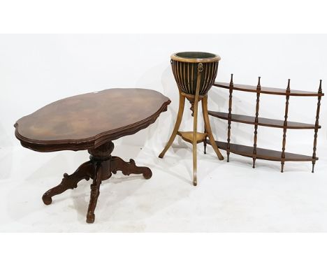 Georgian style reproduction inlaid wood pedestal jardiniere, the ovoid top on three splayed supports, a reproduction mahogany
