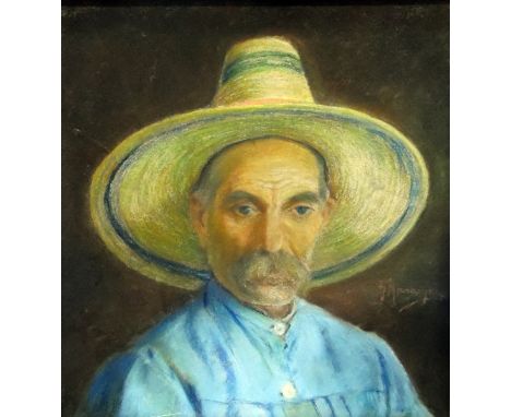 20th century schoolPastel on board Head and shoulders portrait of a man in a sunhat, inscribed indistinctly lower right, 53cm
