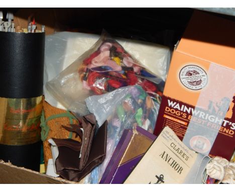 Large quantity of embroidery silks, knitting wool, knitting needles, textiles, a pair of children's leather shoes, a knitted 