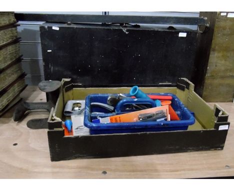 Quantity of tools and a large wooden tool chest, a boxed level and a cobbler's last