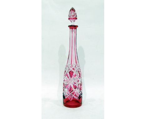 Flash cut cranberry glass decanter of slender proportions, 34cm high 