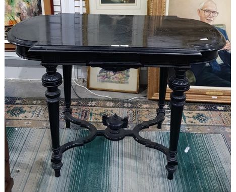 19th century continental ebonised wood side table, rectangular with half round ends and on circular tapering supports with sc