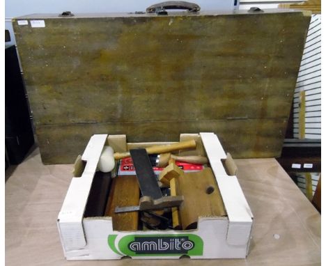 Large quantity of tools including planes, etc and a small metal Bisley filing cabinet 