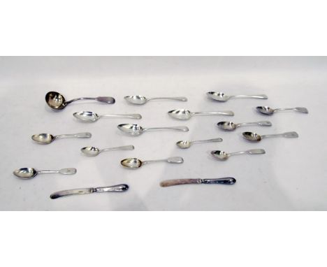 Set of four George III silver dessert spoons, London 1800, another matched, a Victorian sauce ladle, fiddle pattern with engr