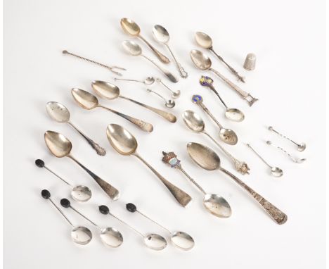 A GROUP OF MOSTLY SILVER FLATWARE (28)Comprising; five coffee spoons, having black bean finials to the handles, four souvenir