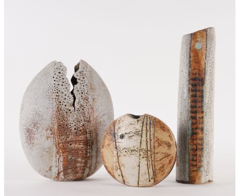 ALAN WALLWORK (1931-2019) THREE STONEWARE VASESComprising; a split pod form vase, incised AW, 26.5cm high; a tall cylindrical