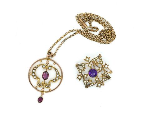 AN EDWARDIAN GEM SET PENDANT, WITH A NECKCHAIN AND A GEM SET BROOCH (3)The garnet and seed pearl pendant in an openwork scrol