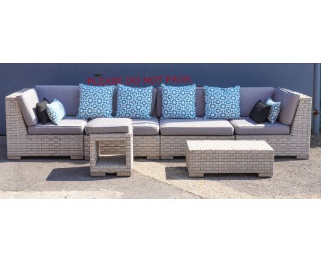 INDIAN OCEAN; A MODULAR FAUX RATTAN FOUR SECTION GARDEN SOFAWith loose upholstered cushions, 358cm wide; 90cm deep; 76cm high