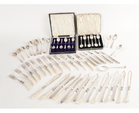 A GROUP OF SILVER AND PLATED FLATWARE (QTY)The silver comprising; twelve coffee spoons, mixed dates, with two cases, each to 