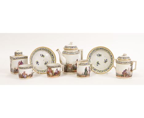 A CONTINENTAL PORCELAIN PART TEA AND COFFEE SERVICEProbably Russian, early 20th century
Painted with pastoral scenes with fig