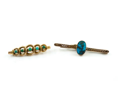 TWO GOLD AND TURQUOISE BROOCHES (2)Comprising; the first designed as a row of five graduated over lapping circles, each cente