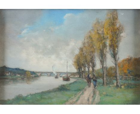 ANDRE DES FONTAINES (FRENCH, 1869-1910) (2)Figures on a towpathsigned 'A des Fontaines' (lower right)pencil and coloured chal