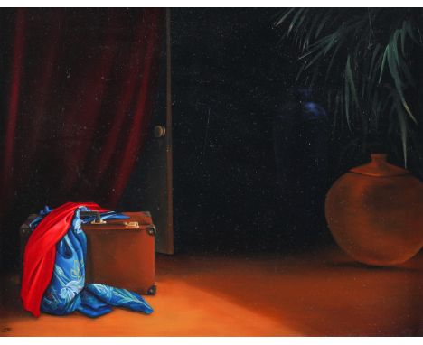 S*** R*** (20th/21st Century)Interior with silks, suitcase and a pot plantsigned with monogram 'SHR' oil on panel36.5 x 46cmP