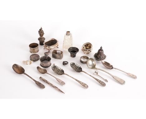 A GROUP OF SILVER, FOREIGN AND PLATED WARES (21)Comprising; three napkin rings, two salts, two candlestick fittings and four 