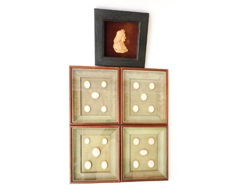 A SET OF FOUR FRAMED PLASTER INTAGLIOS AFTER NATHANIEL MARCHANT AND A WAX CAMEO (5)19th Century
Four framed sets of five plas