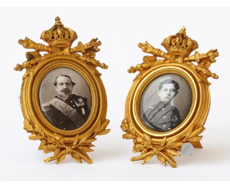OF NAPOLEONIC INTEREST: A PAIR OF FRENCH ORMOLU MOUNTED PHOTOGRAPHIC PORTRAIT MINIATURES OF NAPOLEON III AND THE PRINCE IMPER