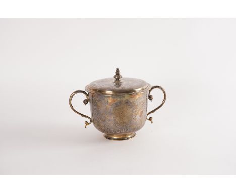 A SILVER TWIN HANDLED CUP AND COVEROf 17th century inspired design, gilt within, engraved with chinoiserie scenes and figures