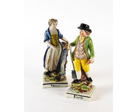 A PAIR OF STAFFORDSHIRE PEARLWARE FIGURES TITLED `EARTH' AND `WATER' (2)Early 19th century
The former as a young man with a s