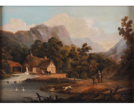 ENGLISH SCHOOL, 19TH CENTURYFigures and animals by a mill in a landscape
oil on panel
38 x 51cm