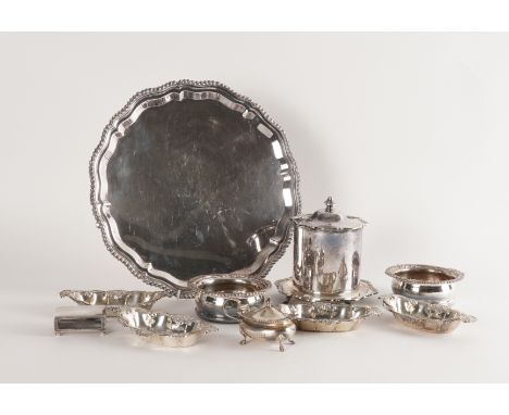 A GROUP OF SILVER AND PLATED WARES (10)Comprising; a mustard pot, London 1910, a matchbox slide, a set of four shaped oval bo