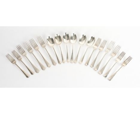 A GROUP OF SILVER OLD ENGLISH PATTERN TABLE FLATWARE (18)Comprising; six table forks, Sheffield 1944, six dessert spoons, var