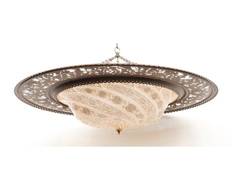 FORTUNY, ITALY: A DECORATED OPAQUE GLASS AND METAL MOUNTED ‘SCUDO SARACENO’ HANGING LIGHTModern
With pierced metal frame supp