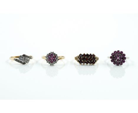 FOUR GEM SET RINGS (4)Comprising; a 9ct gold, ruby and diamond hexagonal cluster ring, ring size P and a half, a 9ct gold and