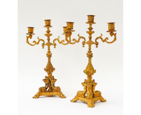 A PAIR OF FRENCH NAPOLEON III ORMOLU THREE LIGHT CANDELABRA (2)With scrolling acanthus arms terminating in bunches of grapes 