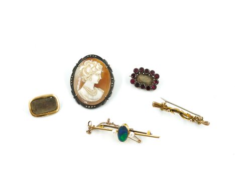 A CAMEO BROOCH AND FOUR FURTHER BROOCHES (5)The cameo brooch set with marcasites to the border detailed 800, a gold, opal dou